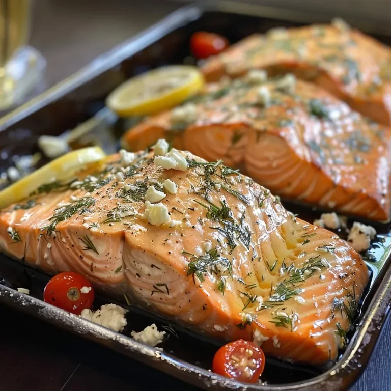 ['Juicy baked salmon fillets with cherry tomatoes and garnish.', 'Close-up of Easy Baked Greek Salmon with lemon slices and olives.', 'Side view of succulent salmon topped with fresh dill and feta cheese.', 'Delicious, golden salmon fillets garnished with herbs and vegetables.']