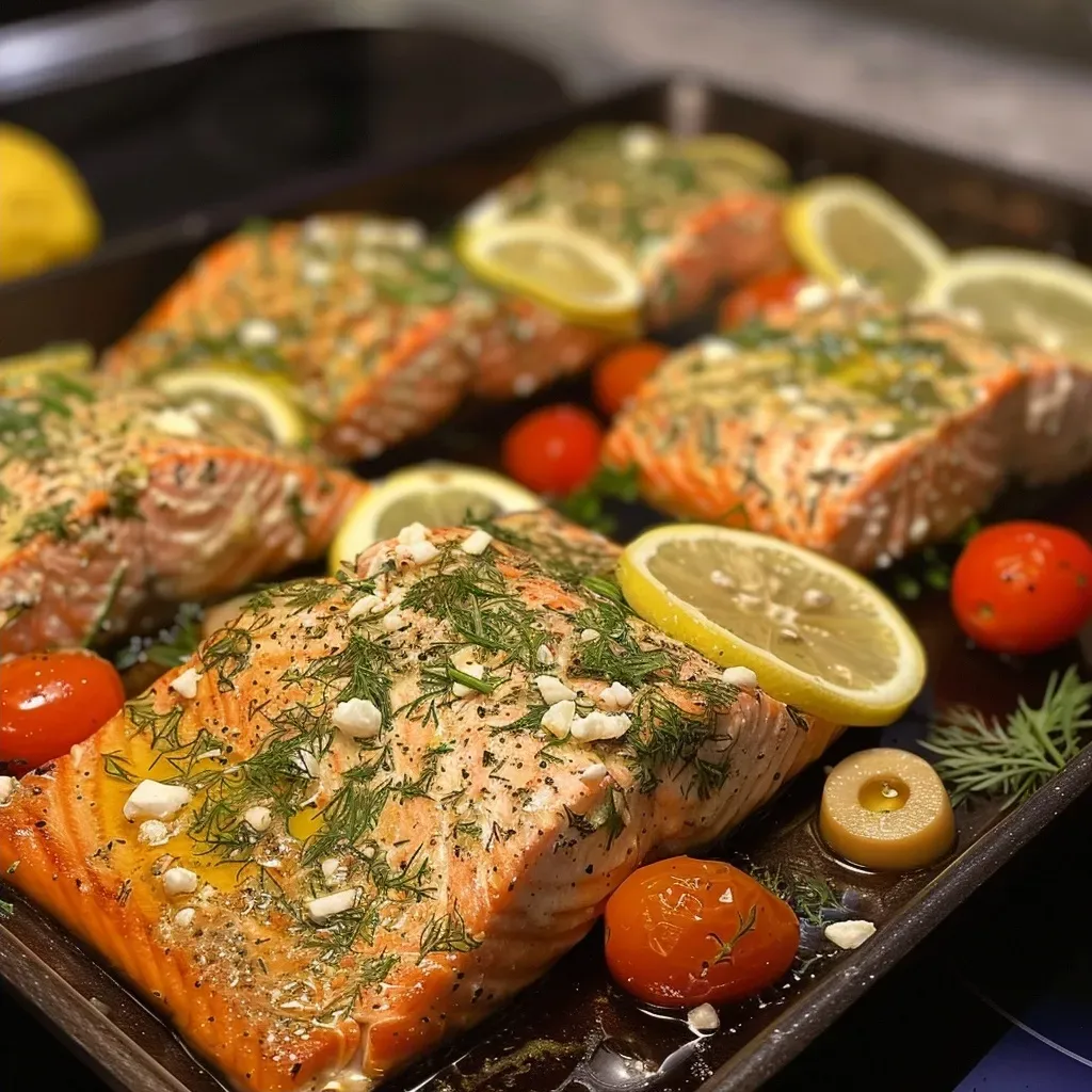 ['Juicy baked salmon fillets with cherry tomatoes and garnish.', 'Close-up of Easy Baked Greek Salmon with lemon slices and olives.', 'Side view of succulent salmon topped with fresh dill and feta cheese.', 'Delicious, golden salmon fillets garnished with herbs and vegetables.']
