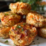 ['Close-up view of golden-brown Easy Chicken Muffins topped with melted cheese.', 'Side angle of juicy chicken muffins with a perfect crust and colorful ingredients.', 'A plated serving of Easy Chicken Muffins showcasing their moist texture and cheesy topping.', 'Delicious chicken muffins displayed with a sprinkle of fresh parsley and marinara sauce.']