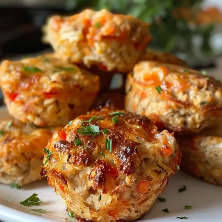 ['Close-up view of golden-brown Easy Chicken Muffins topped with melted cheese.', 'Side angle of juicy chicken muffins with a perfect crust and colorful ingredients.', 'A plated serving of Easy Chicken Muffins showcasing their moist texture and cheesy topping.', 'Delicious chicken muffins displayed with a sprinkle of fresh parsley and marinara sauce.']
