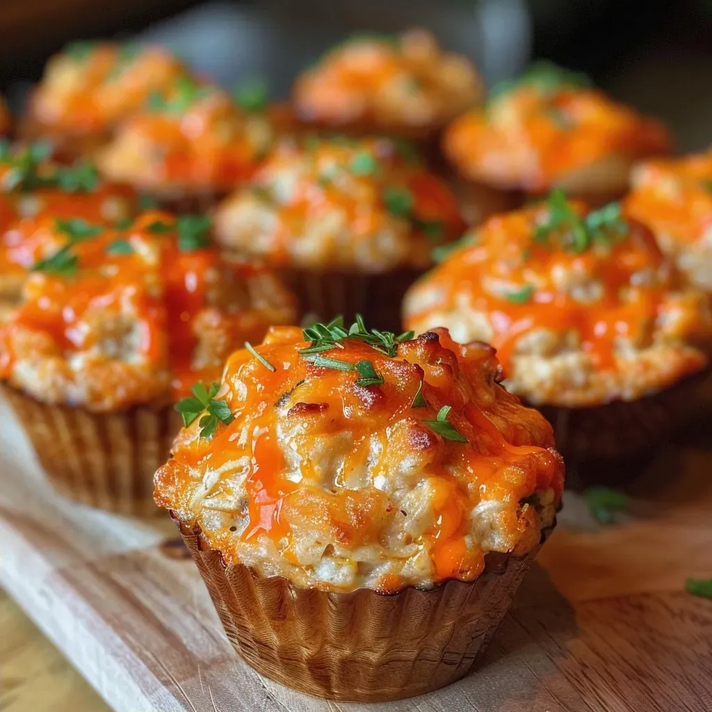 ['Close-up view of golden-brown Easy Chicken Muffins topped with melted cheese.', 'Side angle of juicy chicken muffins with a perfect crust and colorful ingredients.', 'A plated serving of Easy Chicken Muffins showcasing their moist texture and cheesy topping.', 'Delicious chicken muffins displayed with a sprinkle of fresh parsley and marinara sauce.']