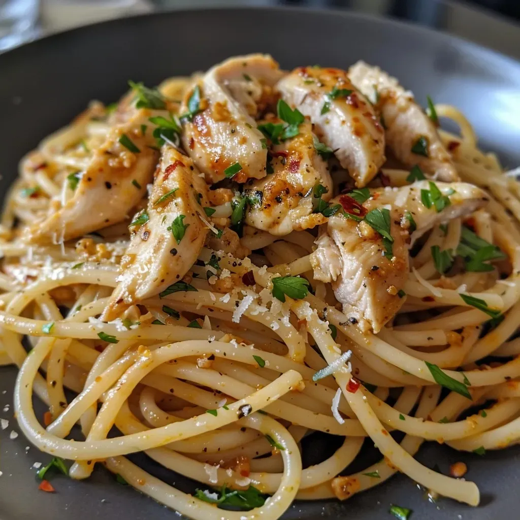 ['Close-up side view of a bowl of chicken pasta showing sliced chicken, spaghetti, and garlic.', 'Juicy chicken pasta dish with visible whole wheat spaghetti and garnished with parsley.', 'Delicious chicken pasta captured from the side, highlighting the texture of chicken strips and cheese.', 'Detailed view of a bowl filled with easy chicken pasta, featuring garlic and red chili flakes.']