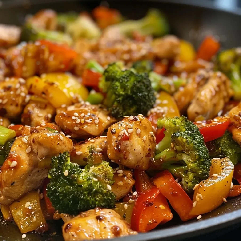 Close-up view of a colorful chicken stir fry with broccoli, bell peppers, and carrots.