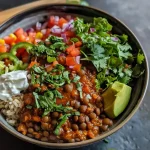 ['A close-up side view of a colorful lentil burrito bowl with fresh toppings.', 'Hearty lentils and rice in a bowl, beautifully garnished with vegetables and herbs.', 'A vibrant burrito bowl featuring brown lentils, brown rice, and assorted toppings.', 'A delicious bowl filled with lentils and rice, topped with lettuce, tomatoes, and avocado.']