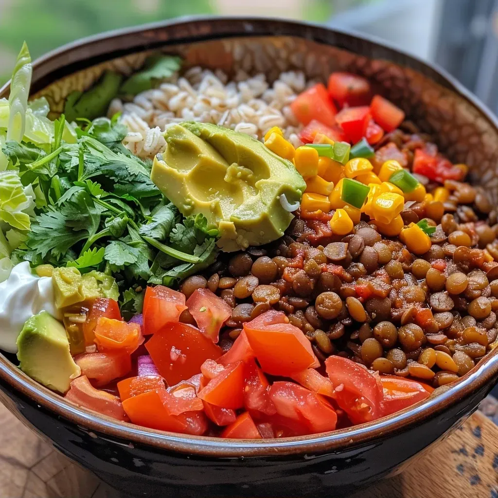 ['A close-up side view of a colorful lentil burrito bowl with fresh toppings.', 'Hearty lentils and rice in a bowl, beautifully garnished with vegetables and herbs.', 'A vibrant burrito bowl featuring brown lentils, brown rice, and assorted toppings.', 'A delicious bowl filled with lentils and rice, topped with lettuce, tomatoes, and avocado.']