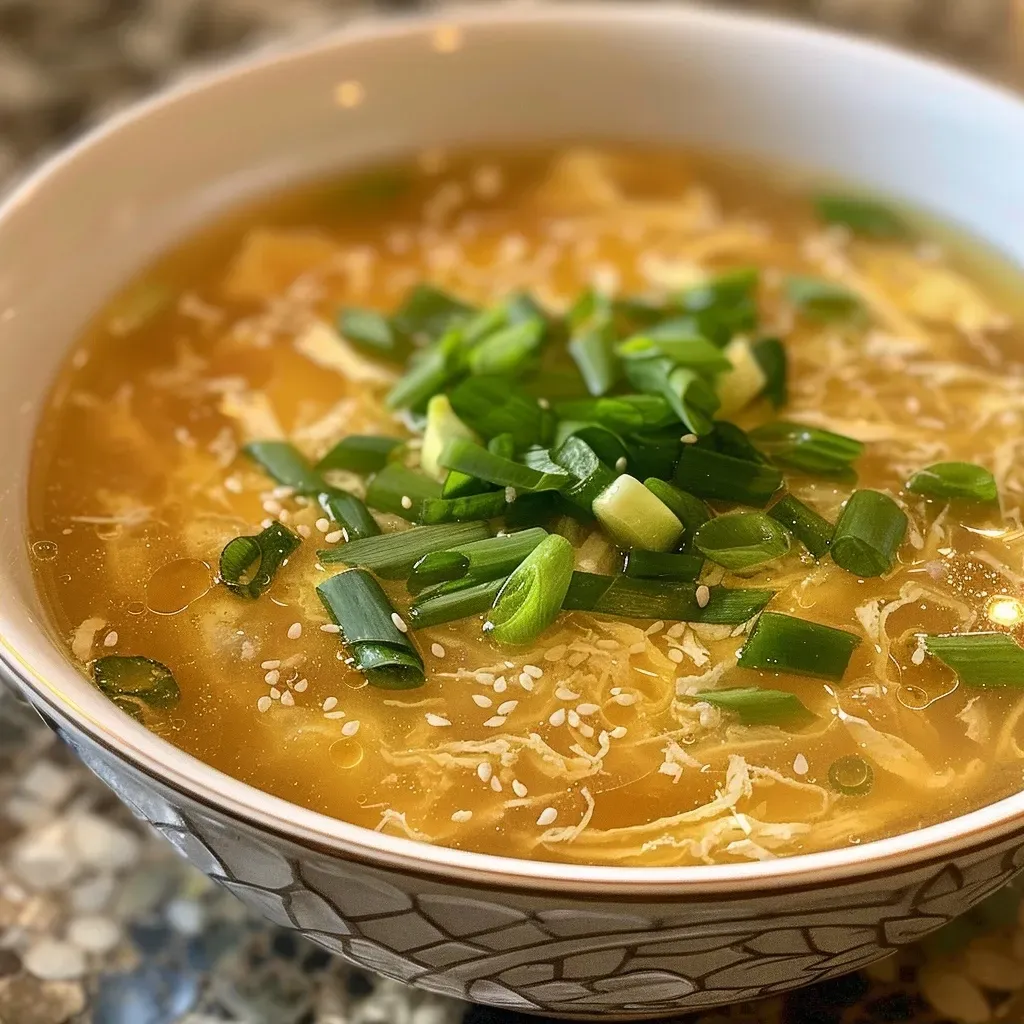 ['Close-up of a bowl of Easy Egg Drop Soup, showcasing golden egg ribbons and green onions.', 'Side view of a steaming bowl of Easy Egg Drop Soup with visible broth and floating egg strands.', 'Detailed view of a homemade Easy Egg Drop Soup with green onion garnish and rich chicken broth.', 'Inviting image of Easy Egg Drop Soup, highlighting texture and vibrant colors of ingredients.']