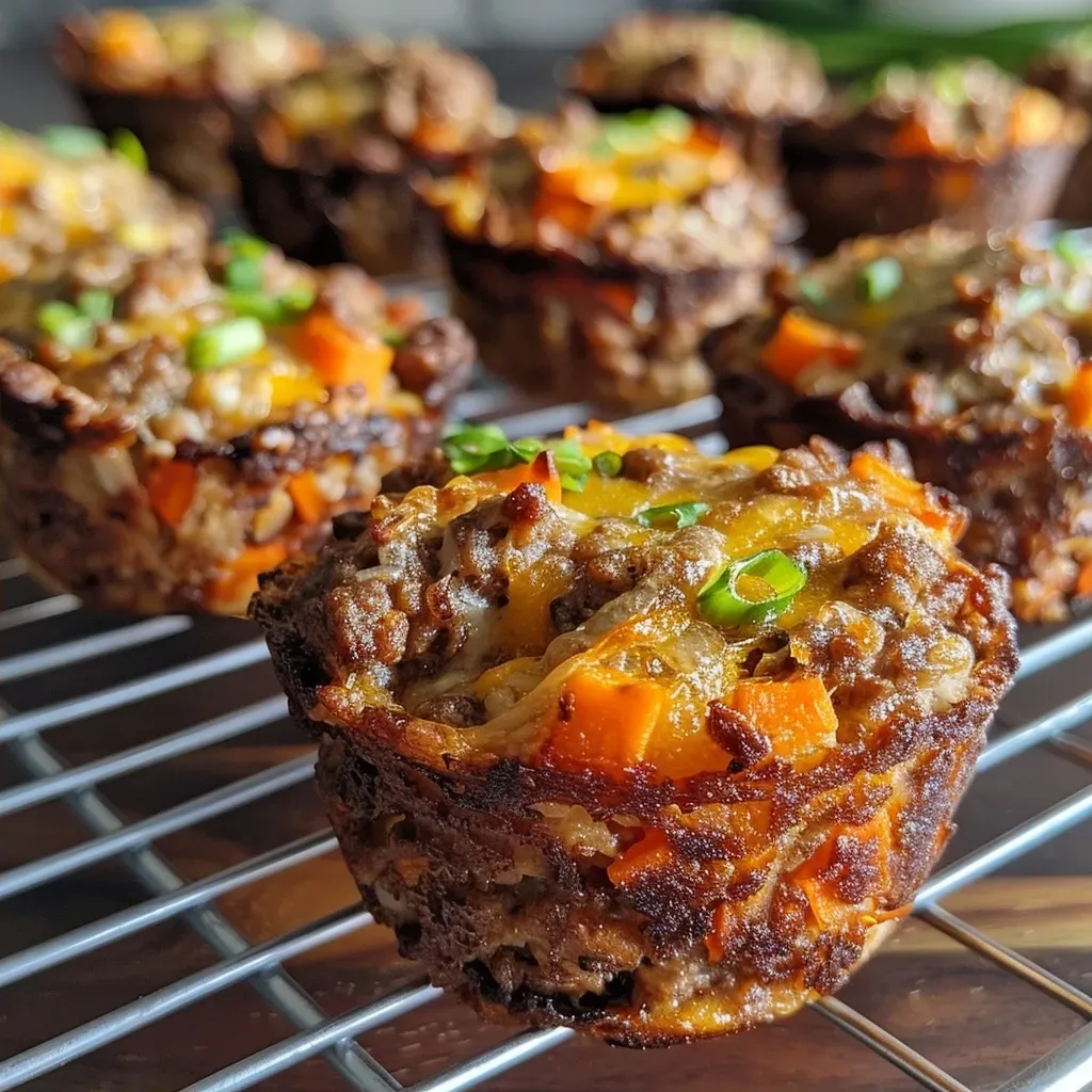 ['Juicy ground beef muffins displayed with a side view, showcasing their golden tops and rich texture.', 'Close-up image of Easy Ground Beef Muffins, highlighting their moist interior and sprinkled toppings.', 'Side view of savory ground beef muffins on a plate, featuring visible carrots and green onions.',