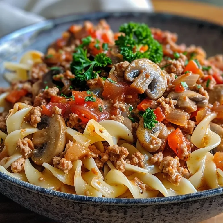 ['Close-up view of a delicious ground turkey dish with mushrooms and noodles.', 'Side view of a savory ground turkey dinner garnished with fresh parsley.', 'Appetizing plate of ground turkey and egg noodles with a creamy sauce.', 'Juicy ground turkey meal featuring diced onions and sliced mushrooms.']
