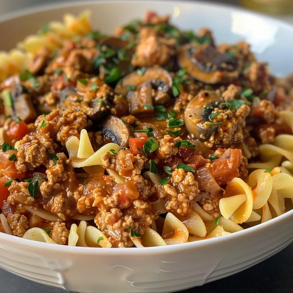 ['Close-up view of a delicious ground turkey dish with mushrooms and noodles.', 'Side view of a savory ground turkey dinner garnished with fresh parsley.', 'Appetizing plate of ground turkey and egg noodles with a creamy sauce.', 'Juicy ground turkey meal featuring diced onions and sliced mushrooms.']