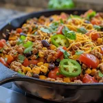['A close-up view of a colorful ground turkey taco skillet with vibrant ingredients.', 'Juicy ground turkey taco skillet topped with cheese, cilantro, and sliced jalapenos.', 'A savory skillet filled with ground turkey, black beans, corn, and diced tomatoes.', 'A hearty ground turkey taco mix in a skillet, garnished with fresh cilantro and sour cream.']