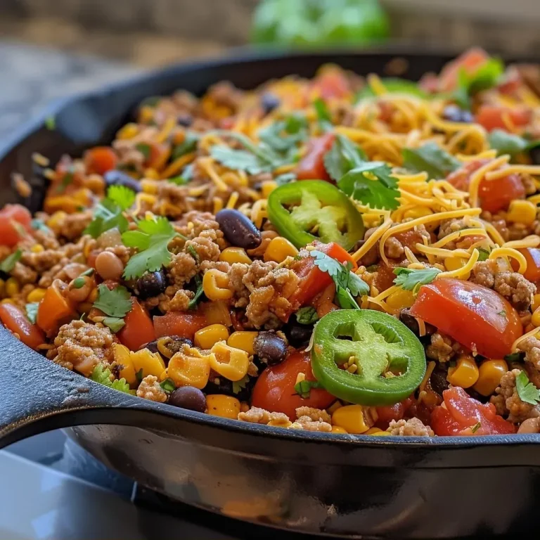 ['A close-up view of a colorful ground turkey taco skillet with vibrant ingredients.', 'Juicy ground turkey taco skillet topped with cheese, cilantro, and sliced jalapenos.', 'A savory skillet filled with ground turkey, black beans, corn, and diced tomatoes.', 'A hearty ground turkey taco mix in a skillet, garnished with fresh cilantro and sour cream.']