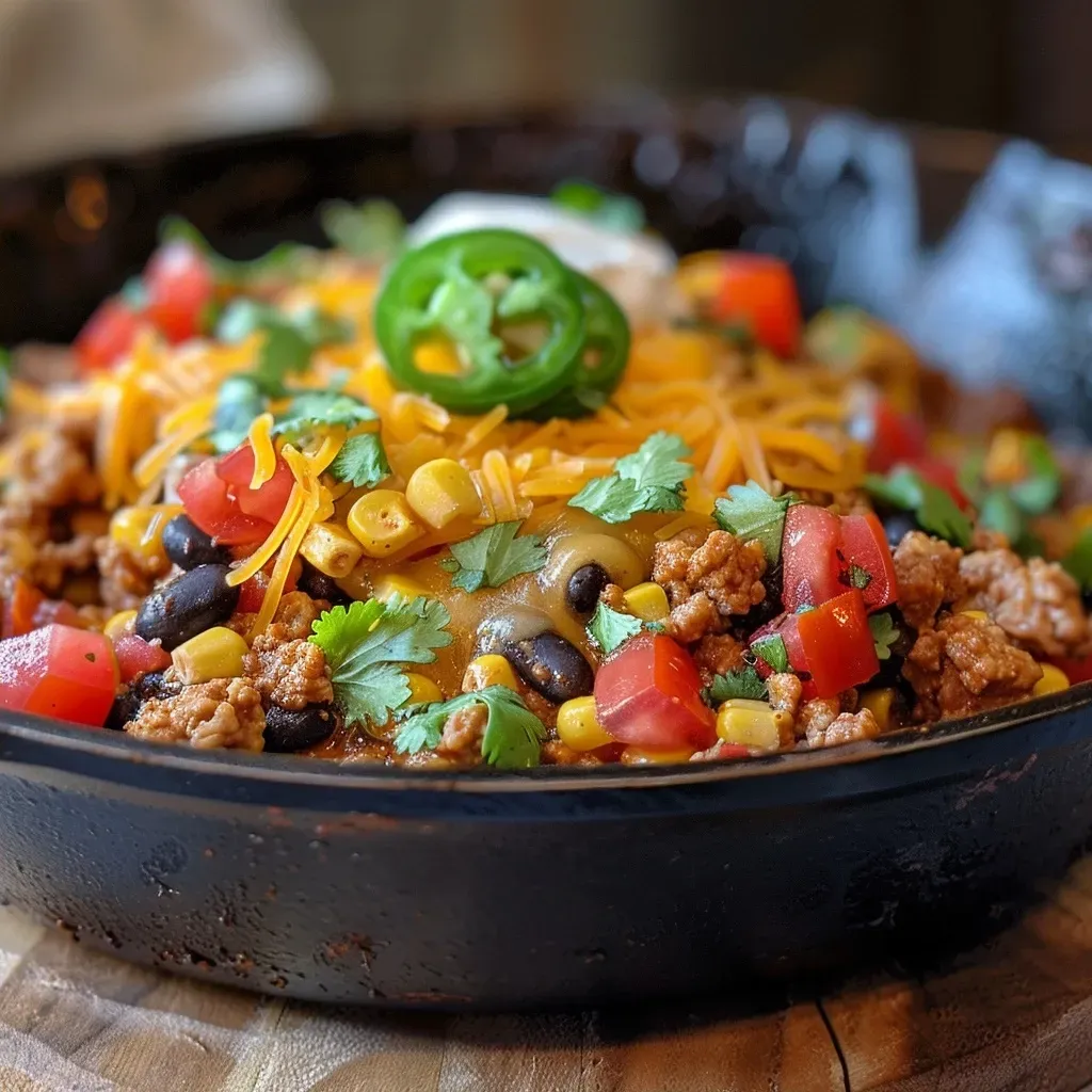 ['A close-up view of a colorful ground turkey taco skillet with vibrant ingredients.', 'Juicy ground turkey taco skillet topped with cheese, cilantro, and sliced jalapenos.', 'A savory skillet filled with ground turkey, black beans, corn, and diced tomatoes.', 'A hearty ground turkey taco mix in a skillet, garnished with fresh cilantro and sour cream.']