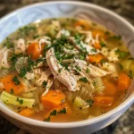 ['Close-up view of a bowl of Easy Rotisserie Chicken Soup with vegetables and chicken.', 'Side view of a hearty rotisserie chicken soup filled with carrots, celery, and egg noodles.', 'Delicious Easy Rotisserie Chicken Soup showcasing tender chicken and colorful vegetables.', 'A warm bowl of Easy Rotisserie Chicken Soup highlighting fresh ingredients and inviting textures.']