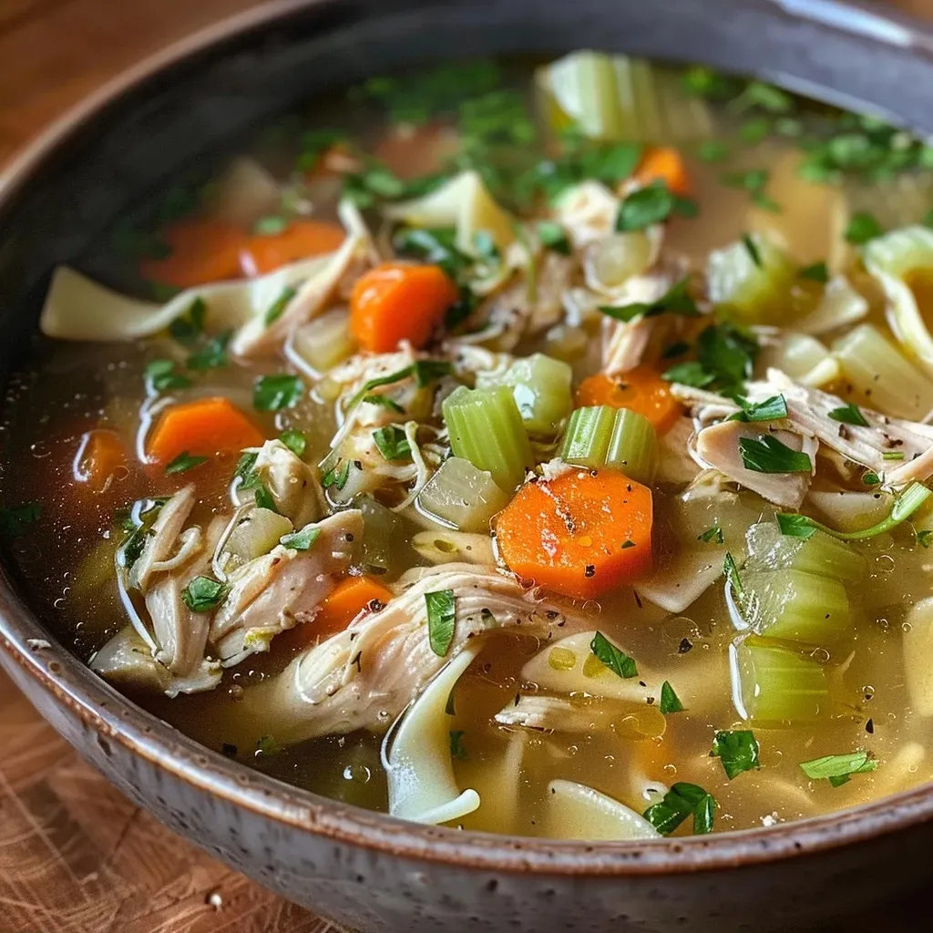 ['Close-up view of a bowl of Easy Rotisserie Chicken Soup with vegetables and chicken.', 'Side view of a hearty rotisserie chicken soup filled with carrots, celery, and egg noodles.', 'Delicious Easy Rotisserie Chicken Soup showcasing tender chicken and colorful vegetables.', 'A warm bowl of Easy Rotisserie Chicken Soup highlighting fresh ingredients and inviting textures.']