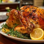 ['Juicy Thanksgiving turkey garnished with herbs and surrounded by vegetables.', 'Side view of a golden-brown turkey on a platter, with herbs and lemon slices.', 'A beautifully cooked turkey displaying juicy meat and vibrant garnishes.', 'Close-up of a Thanksgiving turkey, showcasing its crispy skin and flavorful stuffing.']