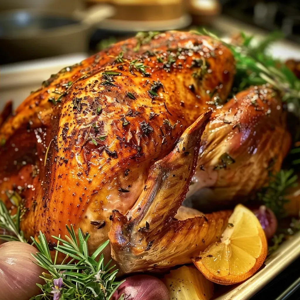 ['Juicy Thanksgiving turkey garnished with herbs and surrounded by vegetables.', 'Side view of a golden-brown turkey on a platter, with herbs and lemon slices.', 'A beautifully cooked turkey displaying juicy meat and vibrant garnishes.', 'Close-up of a Thanksgiving turkey, showcasing its crispy skin and flavorful stuffing.']