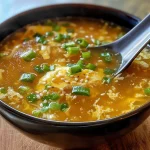 ['Close-up view of a steaming bowl of Egg Drop Soup with green onions.', 'Side view of a bowl filled with golden Egg Drop Soup, garnished with green onions.', 'Detailed image of creamy Egg Drop Soup showcasing its rich texture and color.', 'Close-up of Egg Drop Soup highlighting the ingredients and garnishes.']