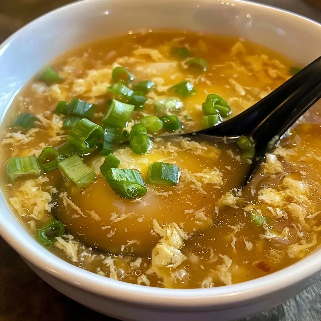 ['Close-up view of a steaming bowl of Egg Drop Soup with green onions.', 'Side view of a bowl filled with golden Egg Drop Soup, garnished with green onions.', 'Detailed image of creamy Egg Drop Soup showcasing its rich texture and color.', 'Close-up of Egg Drop Soup highlighting the ingredients and garnishes.']