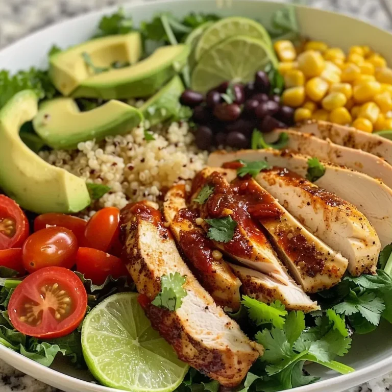 ['A close-up side view of a vibrant chicken and quinoa dinner bowl with fresh ingredients.', 'A deliciously arranged chicken quinoa bowl showcasing colorful vegetables and grains.', 'A detailed view of a flavor-packed chicken and quinoa bowl, featuring juicy chicken and fresh toppings.', 'An appetizing chicken and quinoa bowl filled with greens, beans, and colorful vegetables.']