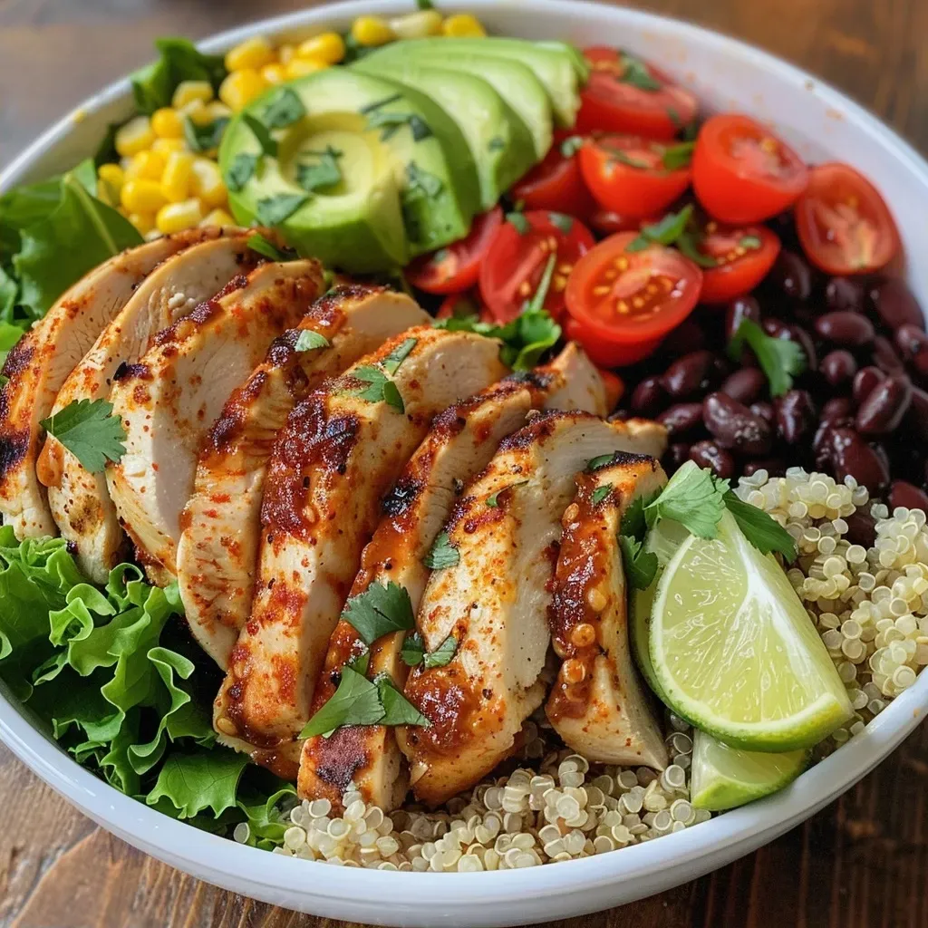 ['A close-up side view of a vibrant chicken and quinoa dinner bowl with fresh ingredients.', 'A deliciously arranged chicken quinoa bowl showcasing colorful vegetables and grains.', 'A detailed view of a flavor-packed chicken and quinoa bowl, featuring juicy chicken and fresh toppings.', 'An appetizing chicken and quinoa bowl filled with greens, beans, and colorful vegetables.']