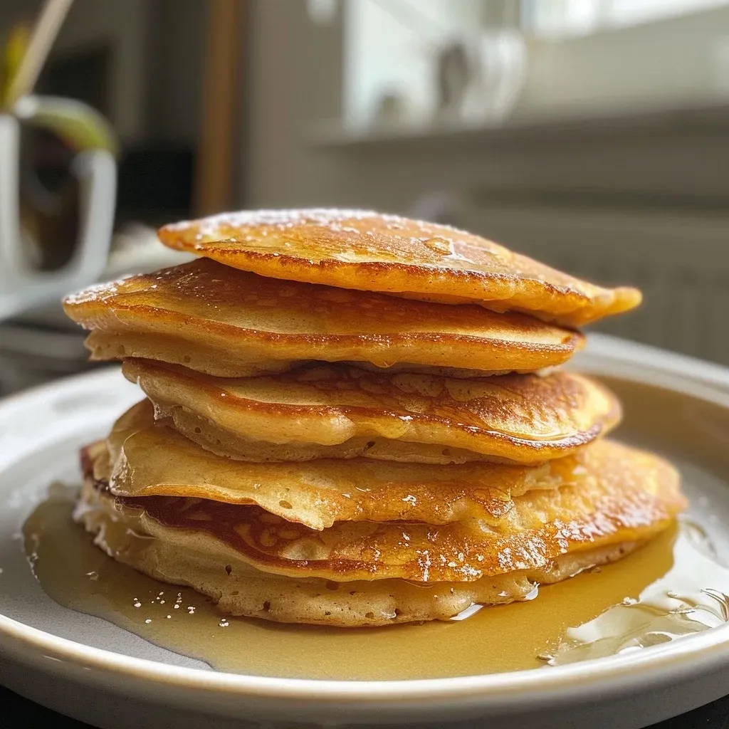 ['Close-up view of fluffy, eggless pancakes stacked on a plate with syrup drizzled on top.', 'Side view of golden, fluffy eggless pancakes topped with fresh berries and a dollop of whipped cream.', 'Fluffy eggless pancakes served on a white plate, showcasing their light texture and delicious toppings.', 'A mouthwatering display of eggless pancakes with a sprinkle of powdered sugar and syrup in the background.']