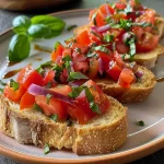 ['Close-up of fresh bruschetta topped with diced tomatoes and basil on a crusty baguette.', 'Side view of bruschetta with vibrant tomato and herb toppings on a toasted slice of bread.', 'Juicy and colorful bruschetta garnished with basil on a French baguette slice.', 'Delicious bruschetta showcasing red onions, tomatoes, and basil on crusty bread.']