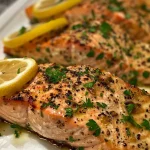 ['Close-up of succulent garlic butter baked salmon with lemon slices and parsley.', 'Side view of juicy salmon fillets drizzled with garlic butter and garnished with herbs.', 'Tasty garlic butter baked salmon plated with fresh lemon and parsley on top.', 'Delicious salmon fillets in garlic butter sauce, showcasing vibrant colors and textures.']