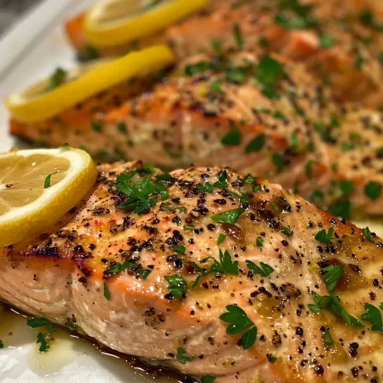 ['Close-up of succulent garlic butter baked salmon with lemon slices and parsley.', 'Side view of juicy salmon fillets drizzled with garlic butter and garnished with herbs.', 'Tasty garlic butter baked salmon plated with fresh lemon and parsley on top.', 'Delicious salmon fillets in garlic butter sauce, showcasing vibrant colors and textures.']