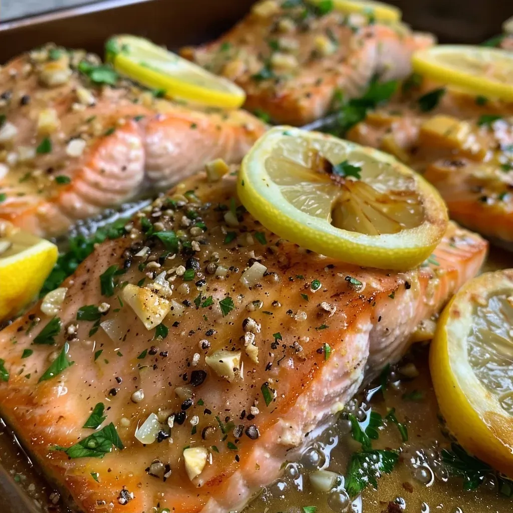 ['Close-up of succulent garlic butter baked salmon with lemon slices and parsley.', 'Side view of juicy salmon fillets drizzled with garlic butter and garnished with herbs.', 'Tasty garlic butter baked salmon plated with fresh lemon and parsley on top.', 'Delicious salmon fillets in garlic butter sauce, showcasing vibrant colors and textures.']