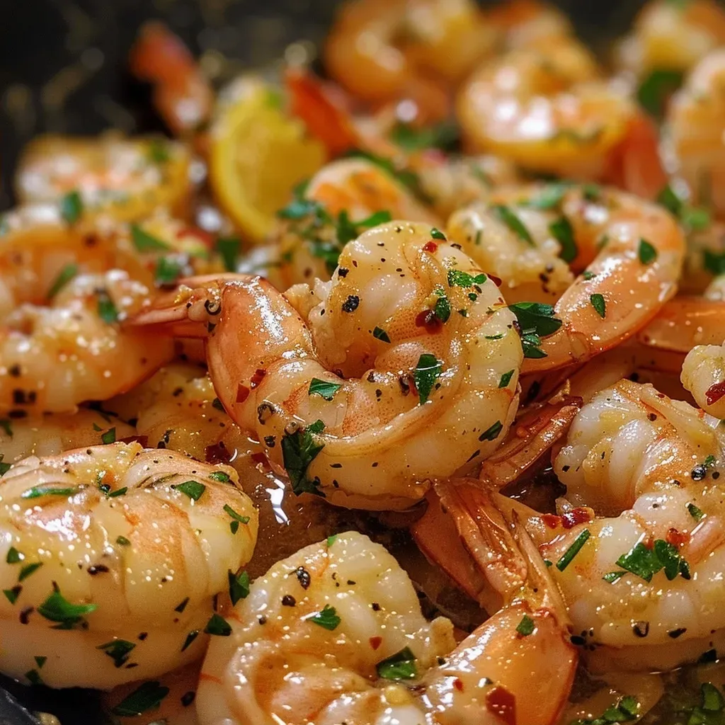 ['Close-up of juicy garlic butter shrimp on a plate, showcasing vibrant colors.', 'Side view of succulent garlic butter shrimp garnished with fresh parsley.', 'Detailed shot of cooked shrimp glistening in garlic butter sauce.', 'Juicy garlic butter shrimp with chunks of minced garlic and herbs.']