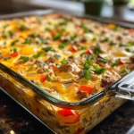 ['Close-up of a delicious gluten-free breakfast casserole with colorful vegetables and cheese.', 'Side view of a hearty gluten-free breakfast casserole featuring layers of eggs, sausage, and peppers.', 'Zoomed-in shot of a gluten-free breakfast casserole, showcasing its fluffy texture and golden cheese topping.', 'Savory gluten-free breakfast casserole with visible ingredients like bell peppers and sausage in a baking dish.']