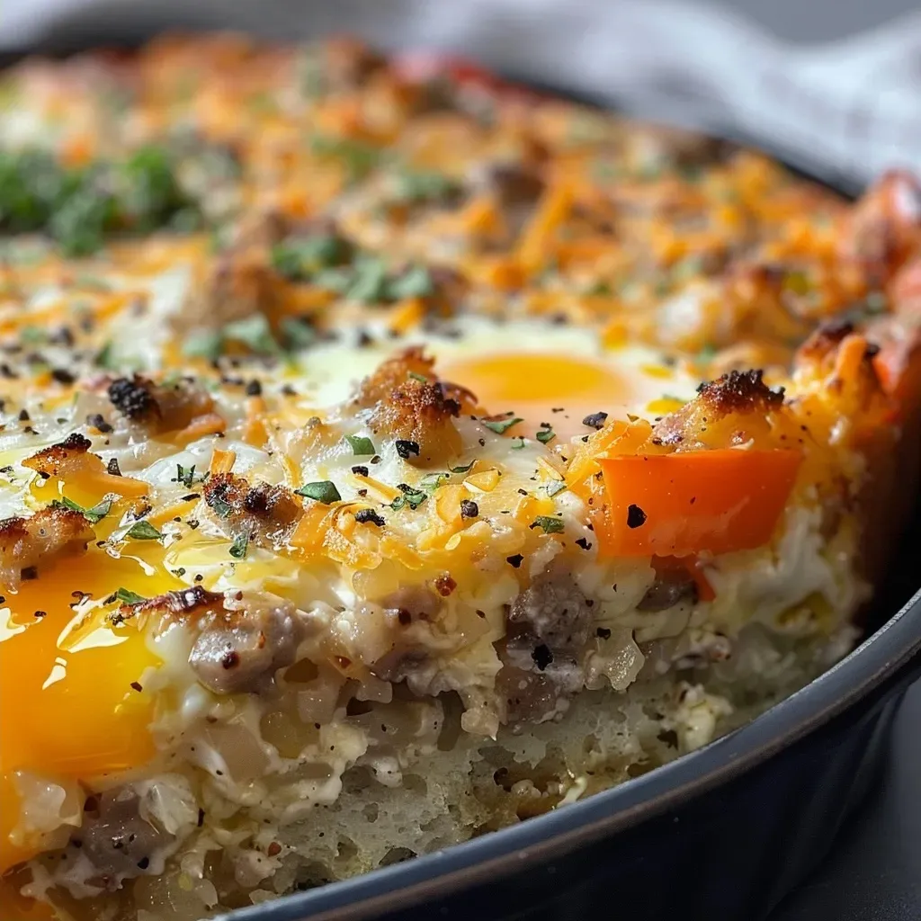 ['Close-up of a delicious gluten-free breakfast casserole with colorful vegetables and cheese.', 'Side view of a hearty gluten-free breakfast casserole featuring layers of eggs, sausage, and peppers.', 'Zoomed-in shot of a gluten-free breakfast casserole, showcasing its fluffy texture and golden cheese topping.', 'Savory gluten-free breakfast casserole with visible ingredients like bell peppers and sausage in a baking dish.']