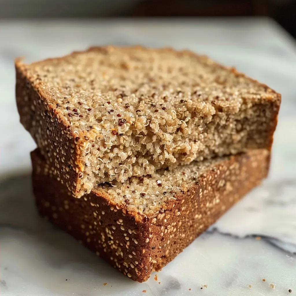 ['Close-up side view of a loaf of gluten-free quinoa bread, showcasing its texture.', 'Juicy gluten-free quinoa bread exhibiting a golden crust and soft interior.', 'A detailed side view of freshly baked gluten-free quinoa bread, highlighting its moist crumb.', 'Slice of gluten-free quinoa bread with a chewy crust, captured in natural light.']