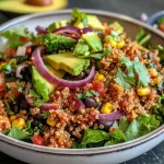 ['A vibrant quinoa taco salad with colorful ingredients, including black beans, corn, avocado, and fresh herbs.', 'Close-up of a gluten-free quinoa taco salad, featuring layers of romaine, pico de gallo, and a drizzle of yogurt.', 'A delicious quinoa taco salad in a bowl, showcasing diced avocado, crunchy tortilla chips, and a variety of fresh vegetables.', 'Side view of a hearty quinoa taco salad, rich in color with ingredients like red onion, cilantro, and lime slices.']