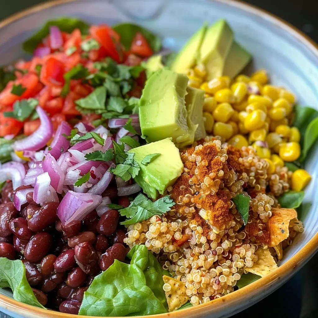 ['A vibrant quinoa taco salad with colorful ingredients, including black beans, corn, avocado, and fresh herbs.', 'Close-up of a gluten-free quinoa taco salad, featuring layers of romaine, pico de gallo, and a drizzle of yogurt.', 'A delicious quinoa taco salad in a bowl, showcasing diced avocado, crunchy tortilla chips, and a variety of fresh vegetables.', 'Side view of a hearty quinoa taco salad, rich in color with ingredients like red onion, cilantro, and lime slices.']