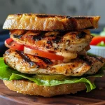 ['A close-up side view of a grilled chicken sandwich with lettuce and tomato.', 'Juicy grilled chicken sandwich featuring fresh lettuce and tomato on a toasted bun.', 'Side view detail of a grilled chicken sandwich stacked with lettuce, tomato, and mayo.', 'A delectable grilled chicken sandwich showcasing its ingredients in vibrant colors.']