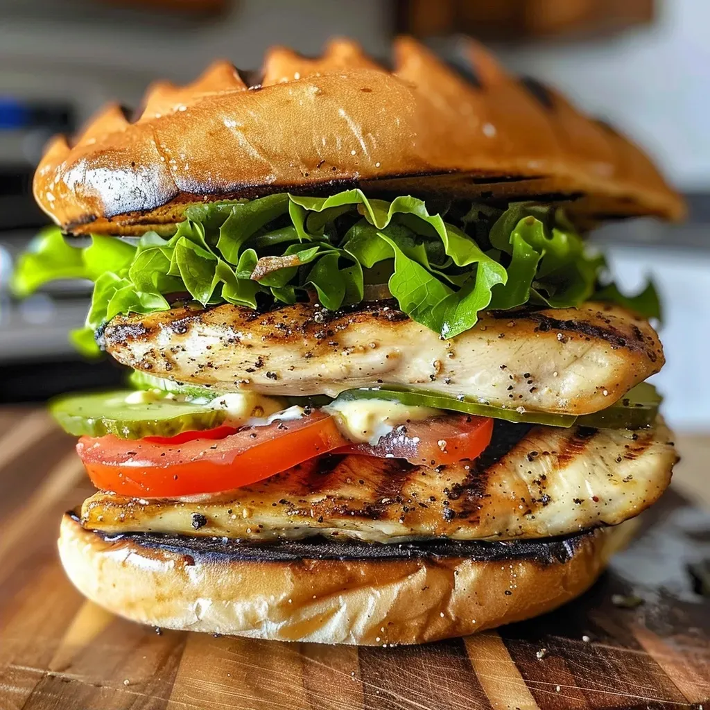 ['A close-up side view of a grilled chicken sandwich with lettuce and tomato.', 'Juicy grilled chicken sandwich featuring fresh lettuce and tomato on a toasted bun.', 'Side view detail of a grilled chicken sandwich stacked with lettuce, tomato, and mayo.', 'A delectable grilled chicken sandwich showcasing its ingredients in vibrant colors.']