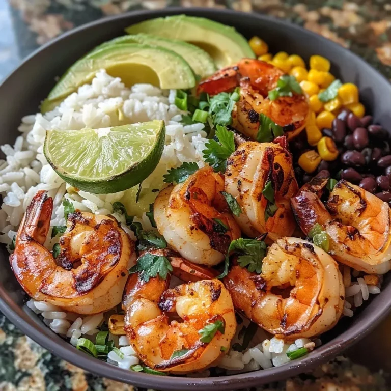 ['Close-up view of a grilled shrimp bowl featuring large shrimp, rice, avocado, and fresh vegetables.', 'Side view of a vibrant grilled shrimp bowl with shrimp, black beans, corn, and lime wedges.', 'Detailed photo of a delicious grilled shrimp bowl, showcasing shrimp, avocado slices, and garnished with cilantro.', 'Mouthwatering grilled shrimp bowl filled with cooked rice, shrimp, avocado, and colorful toppings.']