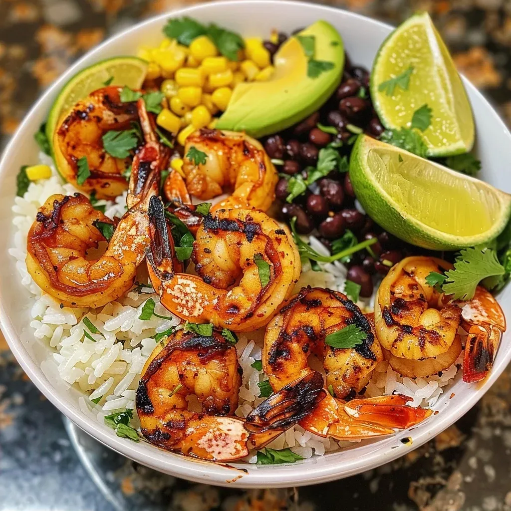 ['Close-up view of a grilled shrimp bowl featuring large shrimp, rice, avocado, and fresh vegetables.', 'Side view of a vibrant grilled shrimp bowl with shrimp, black beans, corn, and lime wedges.', 'Detailed photo of a delicious grilled shrimp bowl, showcasing shrimp, avocado slices, and garnished with cilantro.', 'Mouthwatering grilled shrimp bowl filled with cooked rice, shrimp, avocado, and colorful toppings.']