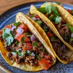 ['Close-up side view of juicy ground beef tacos filled with fresh ingredients.', 'Delicious ground beef tacos with toppings, viewed from the side.', 'A side view showcasing vibrant and flavorful ground beef tacos.', 'Juicy ground beef tacos filled with lettuce, cheese, and tomatoes.']