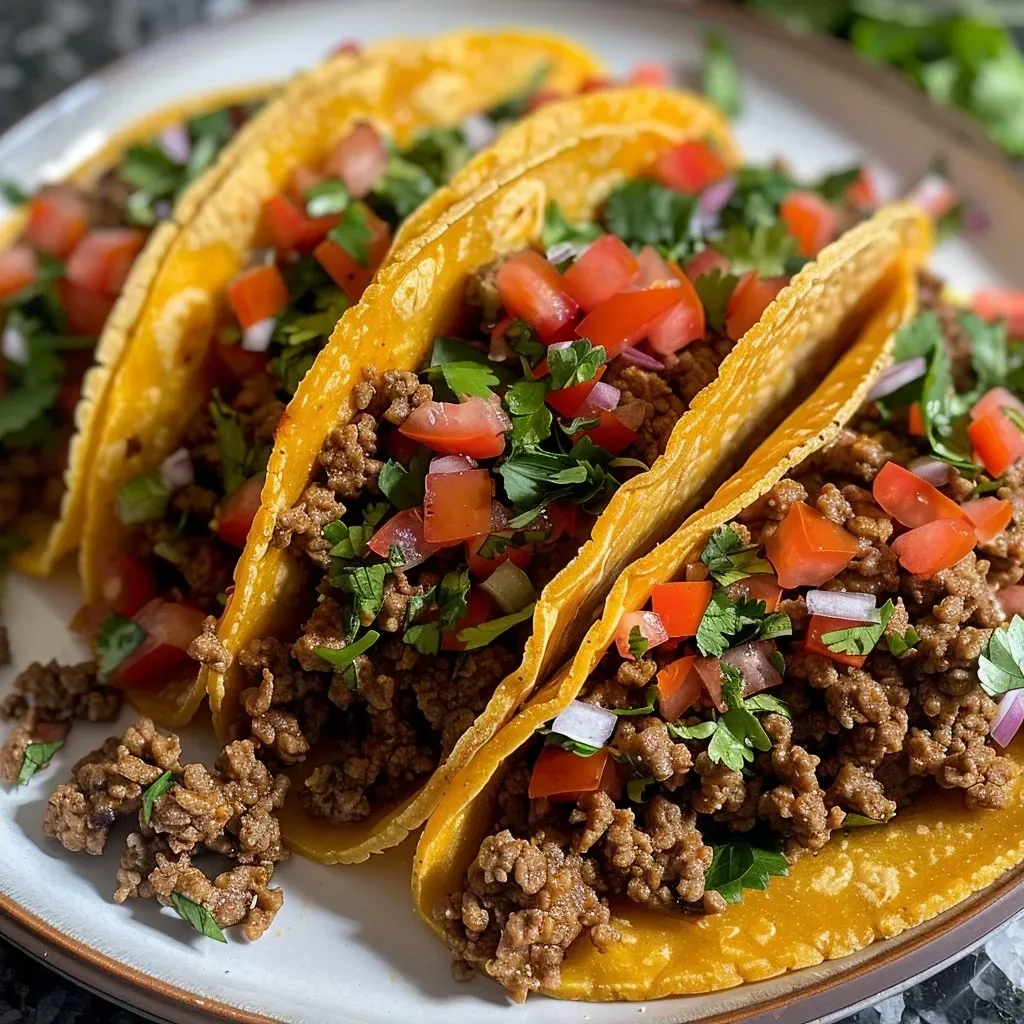 ['Close-up side view of juicy ground beef tacos filled with fresh ingredients.', 'Delicious ground beef tacos with toppings, viewed from the side.', 'A side view showcasing vibrant and flavorful ground beef tacos.', 'Juicy ground beef tacos filled with lettuce, cheese, and tomatoes.']