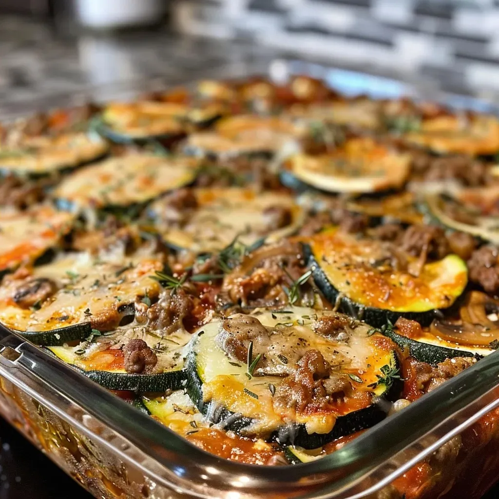 ['Close-up view of a Ground Beef Zucchini Bake, showcasing layers of meat and cheese.', 'Side view of a slice of Ground Beef Zucchini Bake, highlighting the ingredients and textures.', 'Juicy Ground Beef Zucchini Bake on a plate, with visible zucchini, cheese, and ground beef.', 'A portion of Ground Beef Zucchini Bake, emphasizing the golden melted cheese and colorful vegetables.']