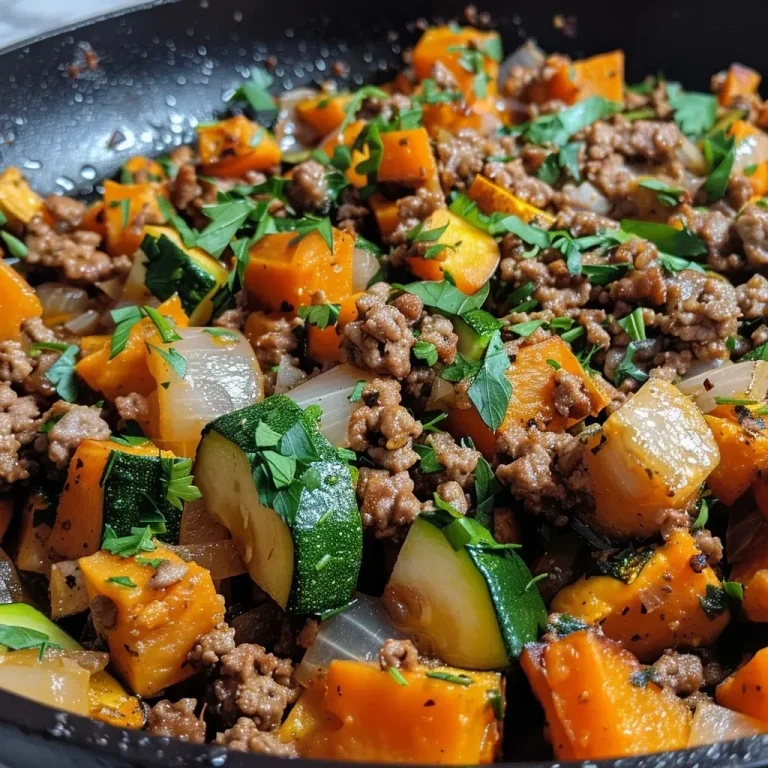 ['A vibrant skillet filled with ground beef, zucchini, and sweet potatoes, garnished with fresh parsley.', 'Close-up view of a savory ground beef and vegetable dish with melted cheese sprinkled on top.', 'A colorful mixture of sautéed ground beef, diced sweet potatoes, and sliced zucchini in a cast-iron skillet.', 'A hearty skillet meal featuring ground beef, zucchini, sweet potato, and fresh spinach, topped with parsley.']