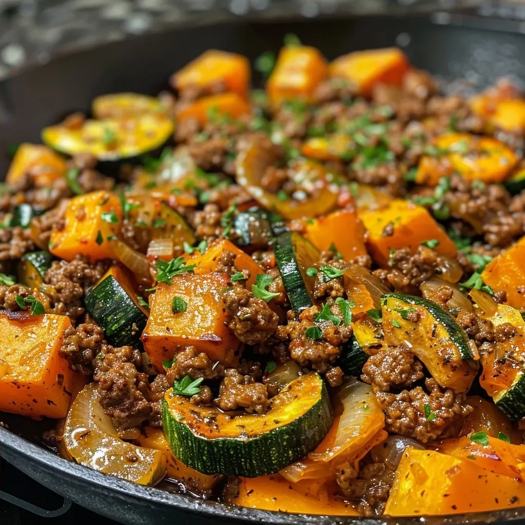 ['A vibrant skillet filled with ground beef, zucchini, and sweet potatoes, garnished with fresh parsley.', 'Close-up view of a savory ground beef and vegetable dish with melted cheese sprinkled on top.', 'A colorful mixture of sautéed ground beef, diced sweet potatoes, and sliced zucchini in a cast-iron skillet.', 'A hearty skillet meal featuring ground beef, zucchini, sweet potato, and fresh spinach, topped with parsley.']
