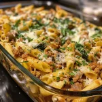 ['Close-up view of a bubbling Ground Turkey Pasta Bake with melted cheese.', 'Side view of Ground Turkey Pasta Bake with layers of pasta and ground turkey.', 'Juicy Ground Turkey Pasta Bake topped with mozzarella, mushrooms, and spinach.', 'Delicious Ground Turkey Pasta Bake showing ingredients like ground turkey and cheese.']