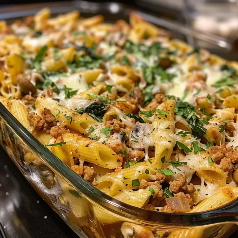 ['Close-up view of a bubbling Ground Turkey Pasta Bake with melted cheese.', 'Side view of Ground Turkey Pasta Bake with layers of pasta and ground turkey.', 'Juicy Ground Turkey Pasta Bake topped with mozzarella, mushrooms, and spinach.', 'Delicious Ground Turkey Pasta Bake showing ingredients like ground turkey and cheese.']