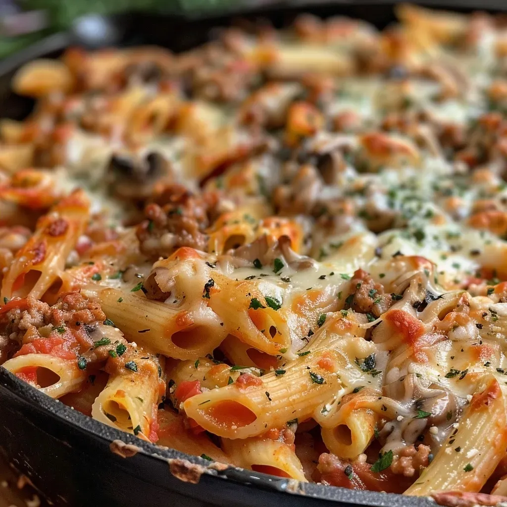 ['Close-up view of a bubbling Ground Turkey Pasta Bake with melted cheese.', 'Side view of Ground Turkey Pasta Bake with layers of pasta and ground turkey.', 'Juicy Ground Turkey Pasta Bake topped with mozzarella, mushrooms, and spinach.', 'Delicious Ground Turkey Pasta Bake showing ingredients like ground turkey and cheese.']