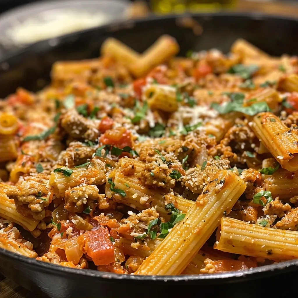 ['Close-up of a bowl of ground turkey pasta with melted cheese on top.', 'Side view of a serving of ground turkey pasta, showcasing the sauce and ingredients.', 'Detailed image of ground turkey pasta with herbs and cheese, presented in a bowl.', 'A vibrant dish of ground turkey pasta, highlighting the textures and colors of the ingredients.']
