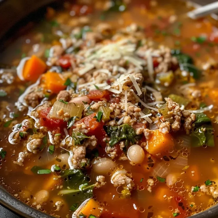 ['Close-up view of a steaming bowl of ground turkey soup with beans and spinach.', 'Side profile of a hearty soup featuring ground turkey, spinach, and beans in a bowl.', 'Detailed image of ground turkey soup garnished with Parmesan cheese and fresh spinach.', 'Rich ground turkey soup with visible ingredients like beans and spinach in a serving bowl.']