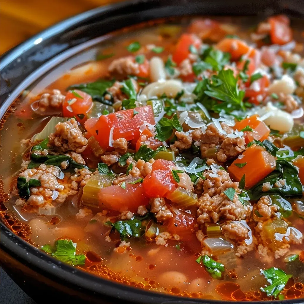 ['Close-up view of a steaming bowl of ground turkey soup with beans and spinach.', 'Side profile of a hearty soup featuring ground turkey, spinach, and beans in a bowl.', 'Detailed image of ground turkey soup garnished with Parmesan cheese and fresh spinach.', 'Rich ground turkey soup with visible ingredients like beans and spinach in a serving bowl.']